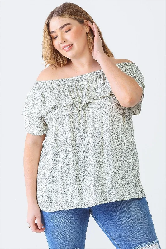 Formal Short Sleeve TopsJunior Plus Cream Sage Floral Print Off-The-Shoulder Short Sleeve Top /1-1-1