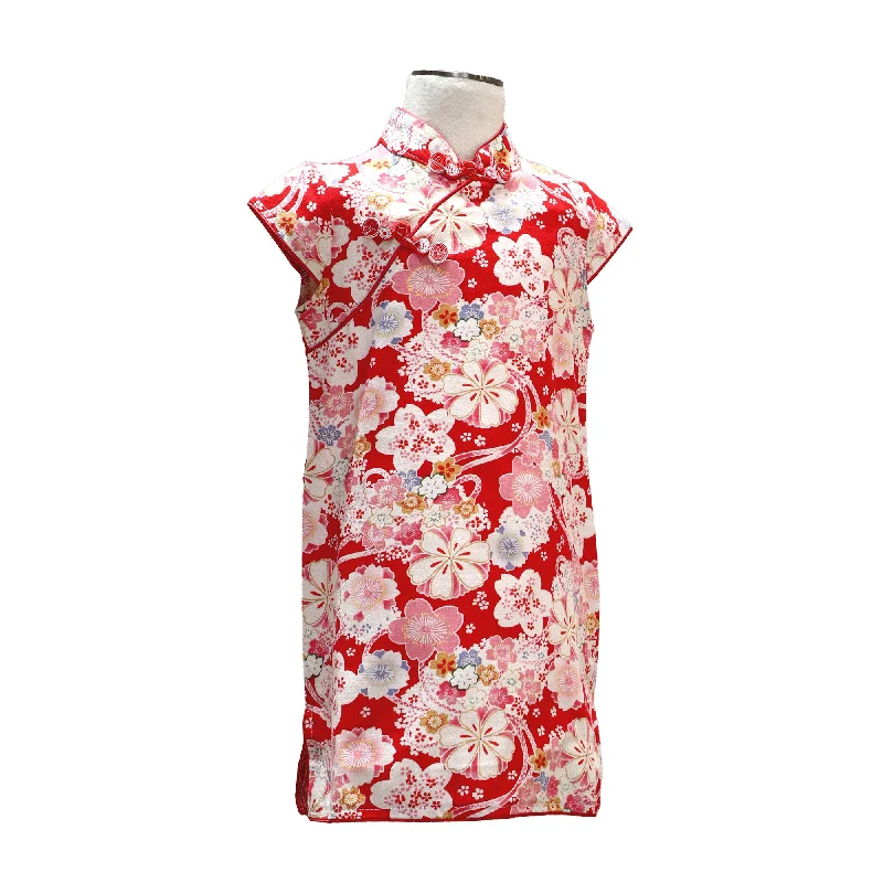 Branded Short Sleeve TopsGirls Short Sleeve A-Line Qipao with Sakura Print - White on Red