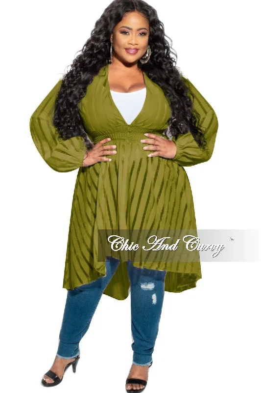 Knitted TeeFinal Sale Plus Size Sheer Button High-Low Duster in Olive