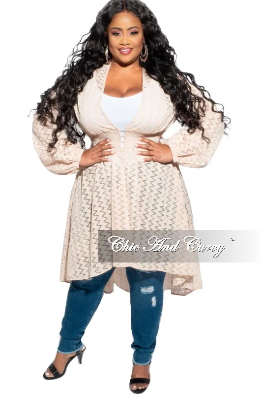 Knit TeeFinal Sale Plus Size Sheer Button High-Low Duster in Light Beige/ Tan Zig Zag Design