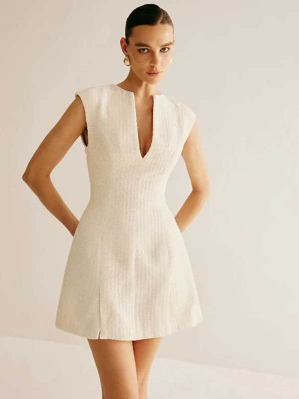 Puff-sleeve DressPiping Zipper Tweed Short Dress