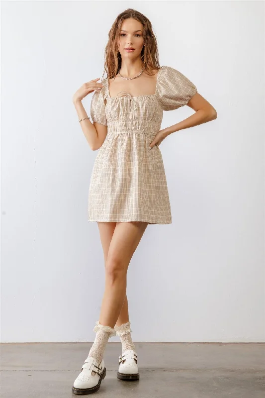 Designer Short Sleeve TopsTaupe & White Plaid Cotton Puff Short Sleeve Mini Dress /2-2-2