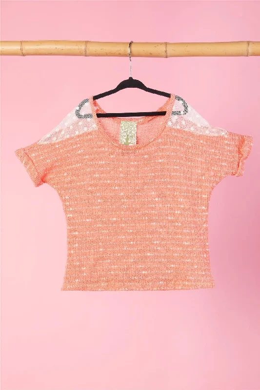 Band Merch Short Sleeve TopsGirls Coral Knit Short Sleeve Top WIth Mesh Shoulder / 1-2-2-1