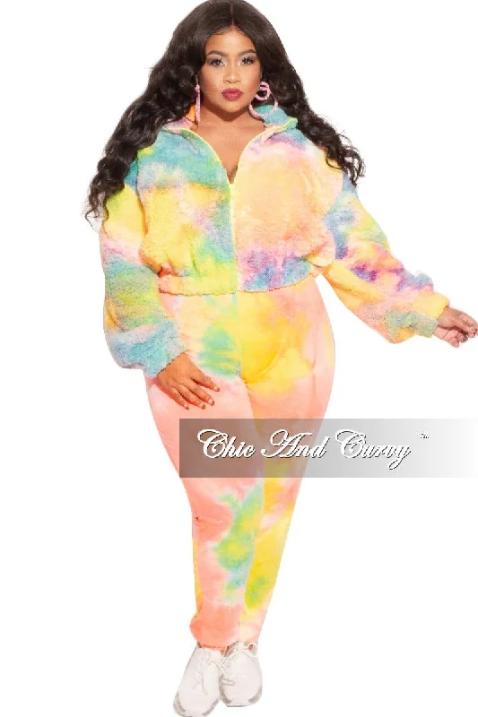 Plus size women's sports topsFinal Sale Plus Size 2-Piece Set Fleece Jacket & Legging in Pastel Rainbow