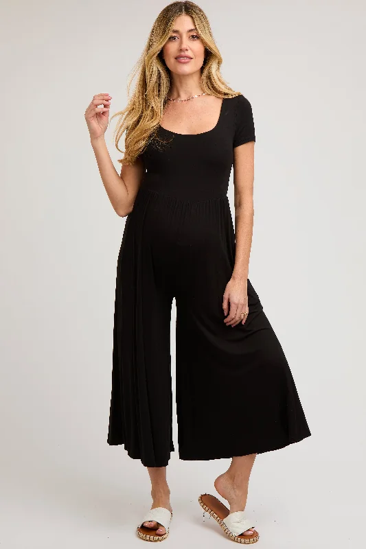 Boat Neck Short Sleeve TopsBlack Short Sleeve Pocketed Maternity Jumpsuit