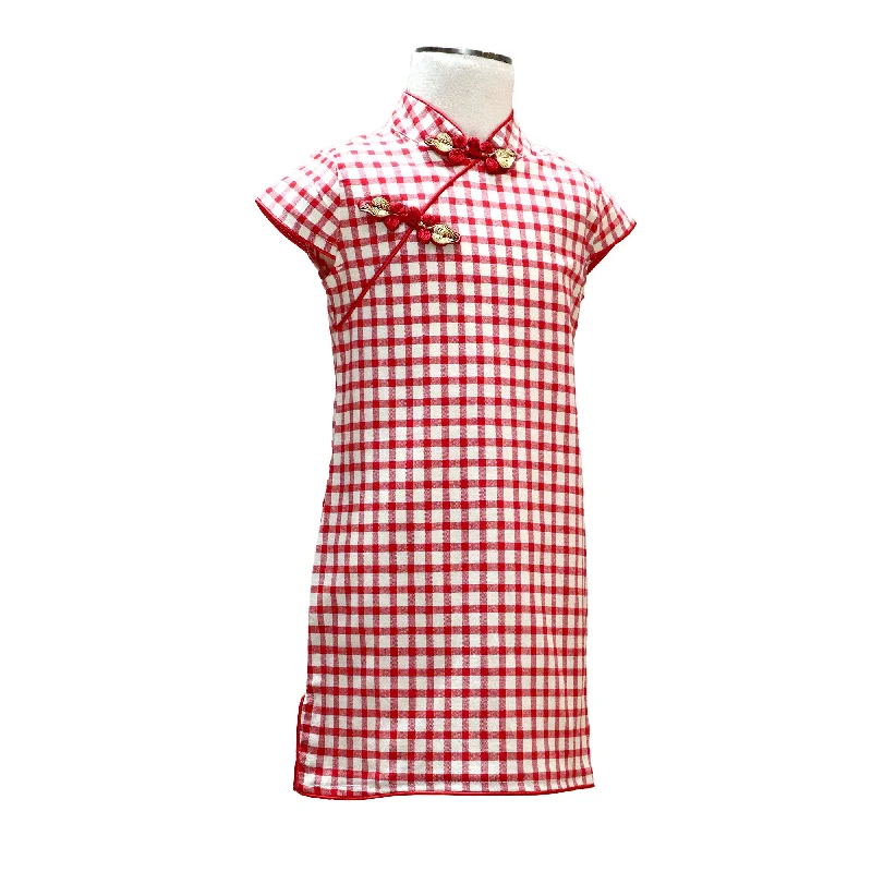 Crewneck Short Sleeve TopsGirls Short Sleeve A-Line Qipao with Checkered Print - Red on White