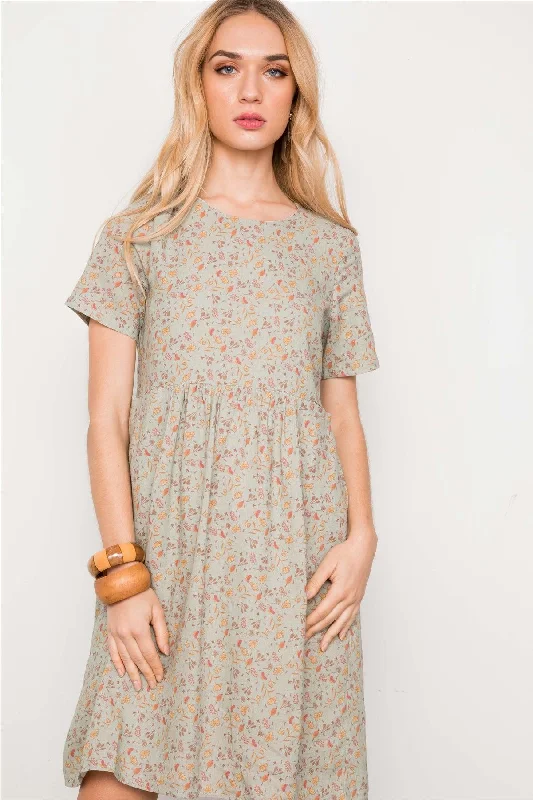 Organic Cotton Short Sleeve TopsSage Floral Print Short Sleeve Boho Mini Midi Dress / 2-2-2