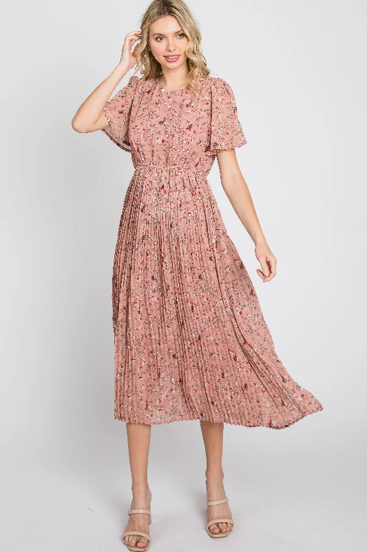 Yoga Short Sleeve TopsLight Pink Floral Pleated Short Sleeve Chiffon Midi Dress