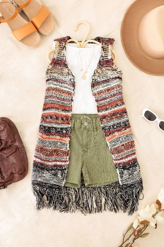 Girls Boho Striped Crochet Fringe Long Sweater VestFishing Knit Tops