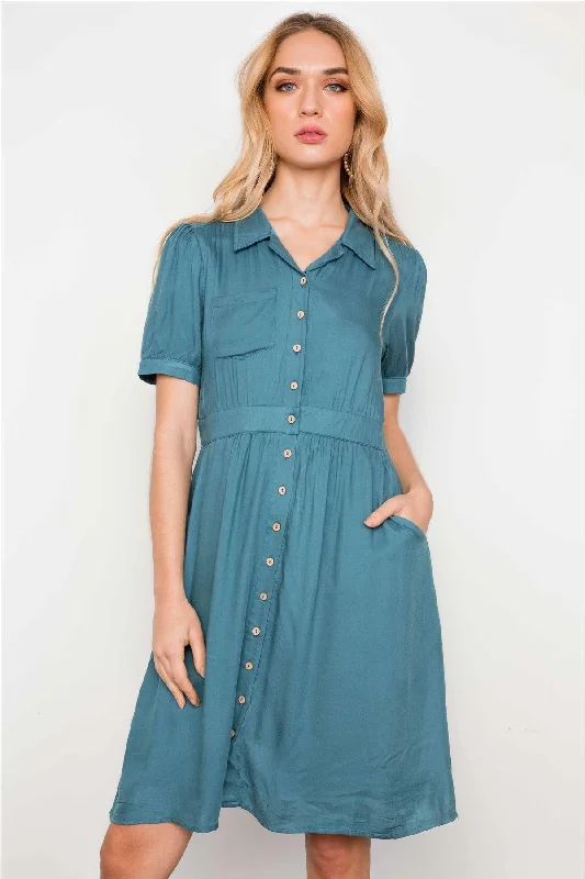 Blended Fabric Short Sleeve TopsBlue Short Sleeve Button Down Boho Midi Dress /2-2-2