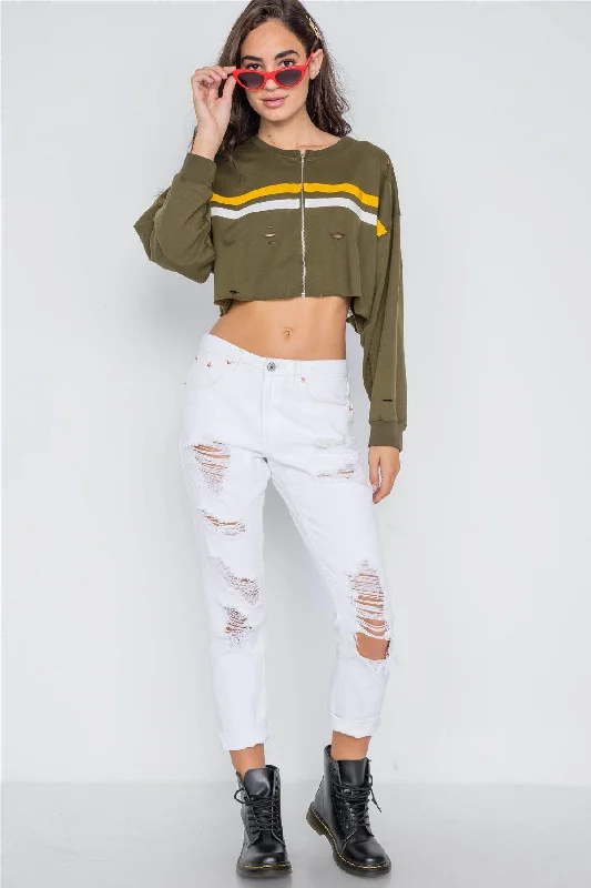 Olive Distressed Zip-Up Colorblock Cropped Sweater /1-2-2Asymmetrical Knit Tops