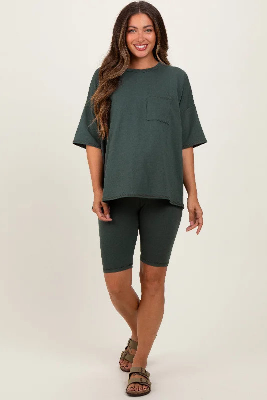 Fitted Short Sleeve TopsHunter Green Oversized Short Sleeve Biker Short Maternity Set