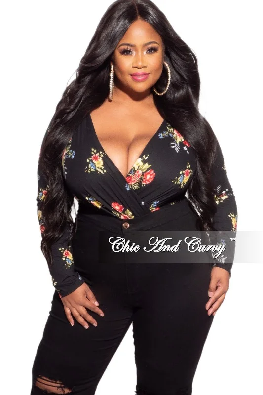 Women's home topsFinal Sale Plus Size Long Sleeve Faux Wrap Bodysuit in Black Floral Print