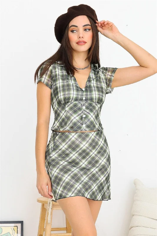 Crewneck Short Sleeve TopsWhite & Green Checkered V-Neck Sheer Short Sleeve Button-Up Crop Top /3-2-1