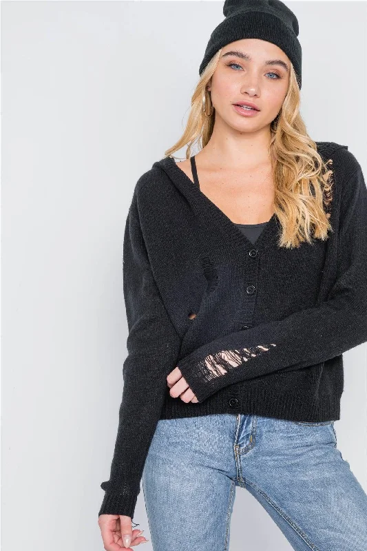 Black Knit Distressed Hooded Button-Front Sweater /1-2-3Velvet Knit Tops