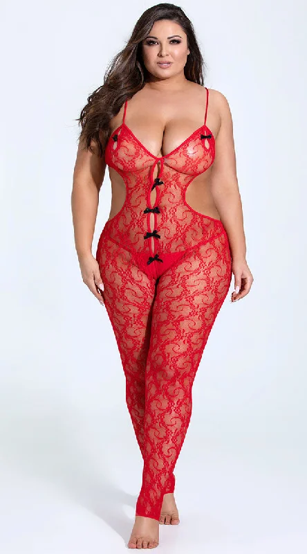 Plus size women's off-the-shoulder topsPlus Size Red Lace Bodystocking