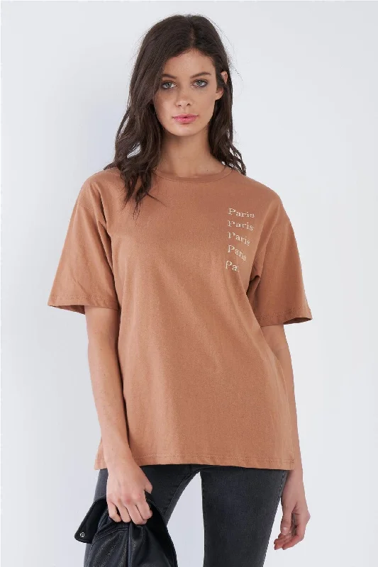 Running Short Sleeve TopsBronze Beige "PARIS" Logo Graphic Short Sleeve Cotton Tee  /3-2-1