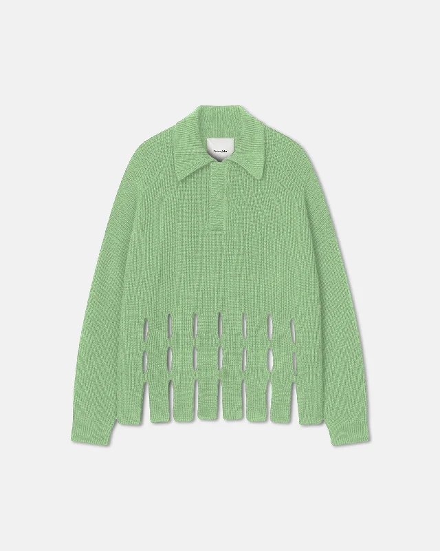 Thiago - Cut-Out Cashmere-Blend Polo-Neck Sweater - Pale GreenFringed Knit Tops