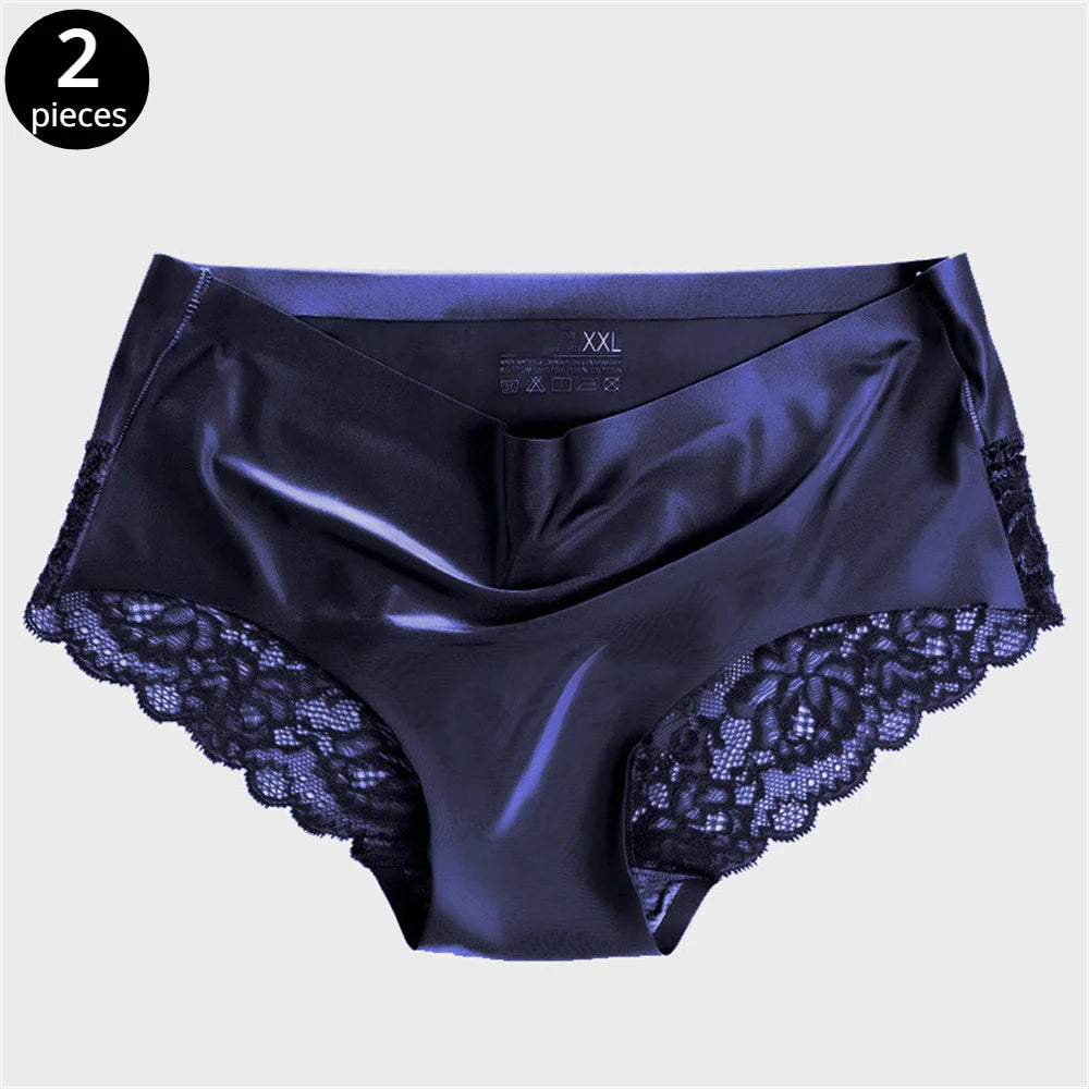 Women's affordable tops2pcs Satin Seamless Women Underwear Sexy Lace Hollow Out Briefs Thin Breathable Elastic Ladies Panties Solid Color Plus Size