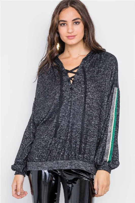 Charcoal Lace Up Long Sleeve Soft Sweater /2-2-2Hooded Knit Tops