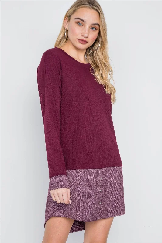 Wine Knit Combo Long Sleeve Sweater Dress /2-2-2Retro Knit Tops