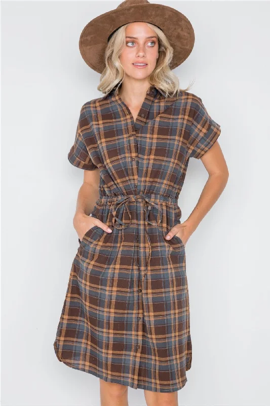 Velvet Short Sleeve TopsMulti Blue Plaid Short Sleeve Button Down Dress /2-2-2