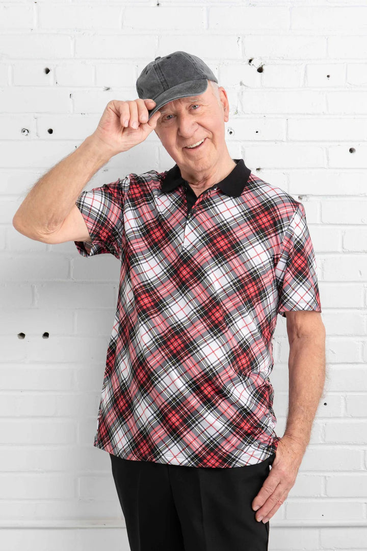 Performance Short Sleeve TopsMen's Short Sleeve Adaptive Polo - Black/Red Plaid