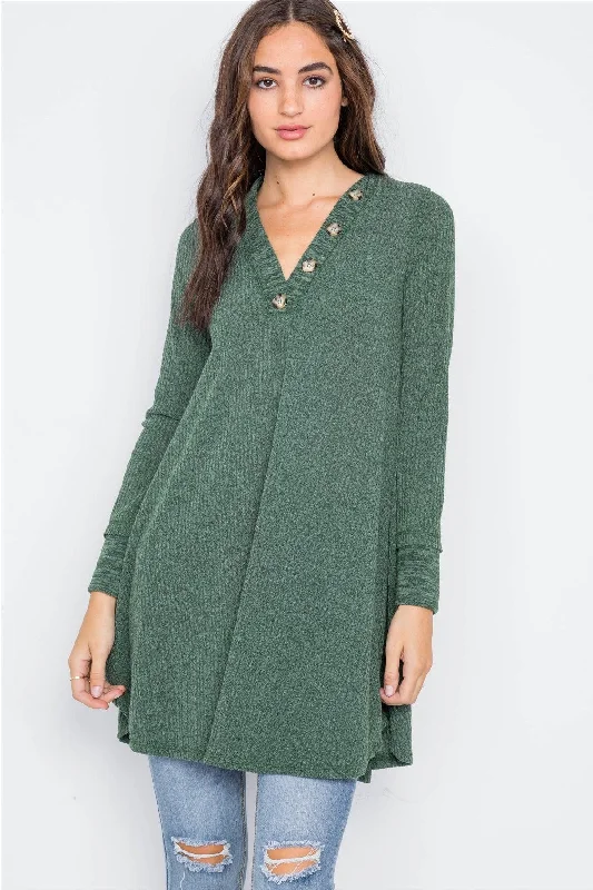 Hunter Green Knit Long Sleeve Sweater Dress /2-2Casual Knit Tops