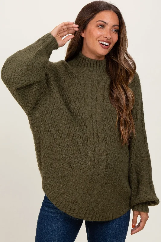 Olive Mixed Chunky Cable Knit Mock Neck Maternity SweaterCultural Knit Tops